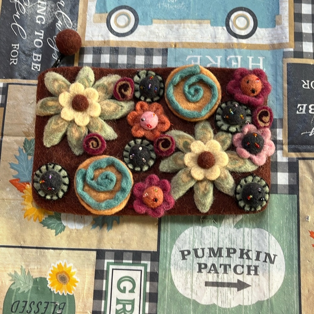 Rising Tide Handmade Wool Clutch/Purse Pouch with Applique Flowers